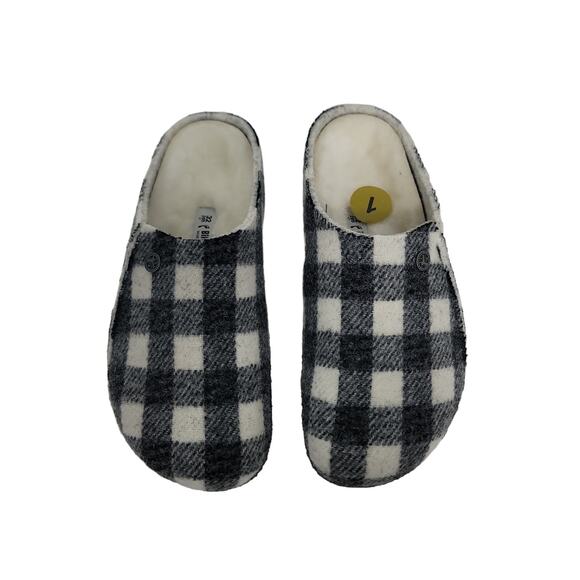 Birkenstock Zermatt Shearling Sabot Slip On Shoes in Black & White Plaid Girls 1 - Picture 2 of 11